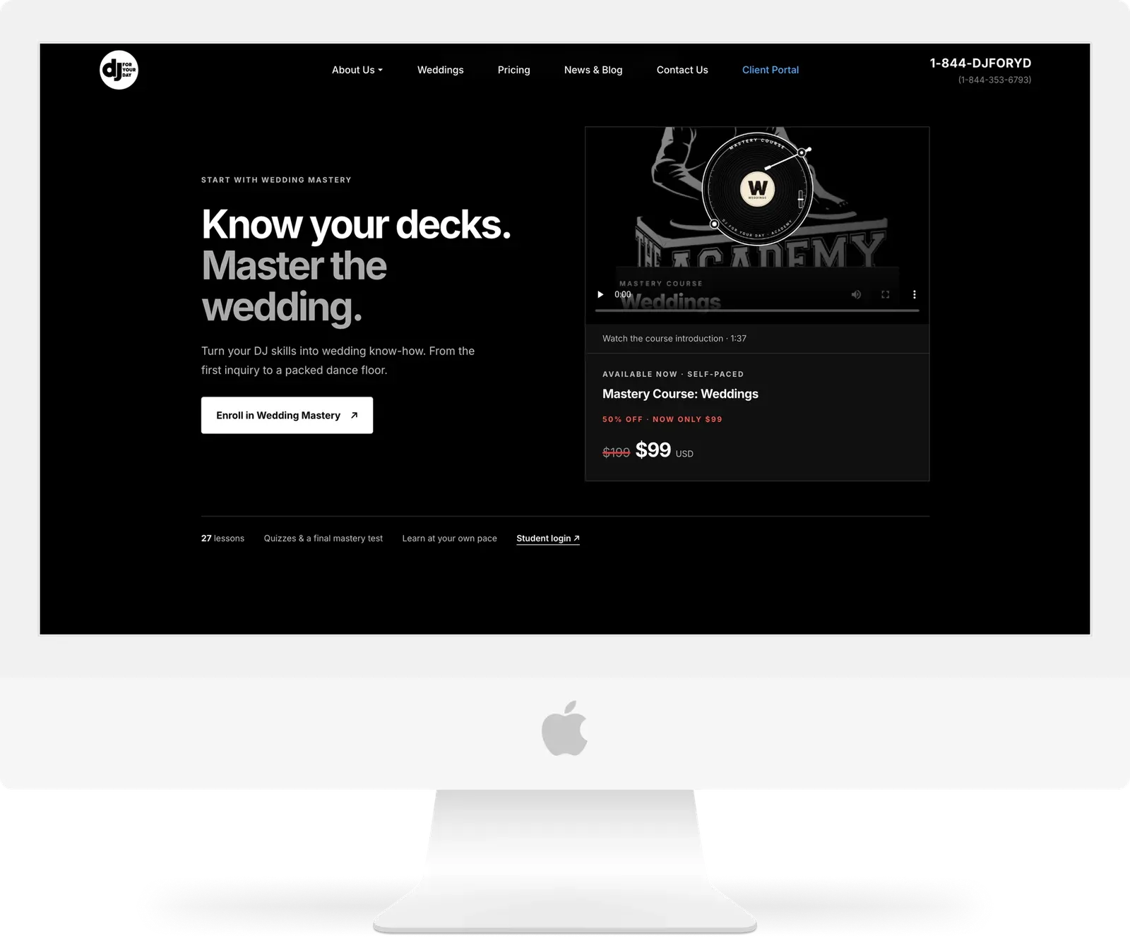The DJ For Your Day Academy page on desktop: Know your decks. Master the wedding.