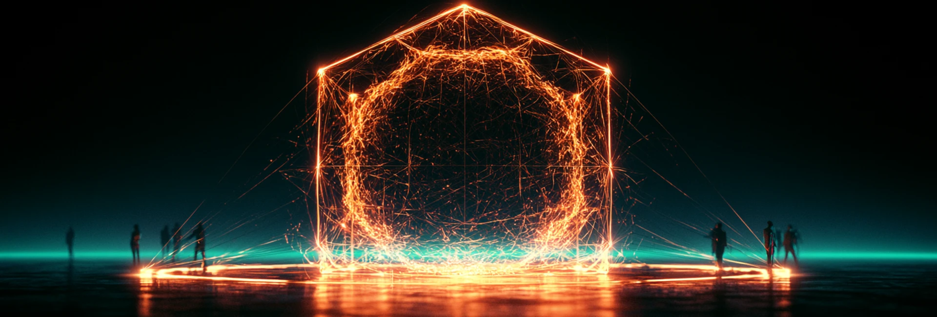 A vast illuminated gateway of orange light traced against a dark teal horizon, figures standing at its base — a threshold between systems.