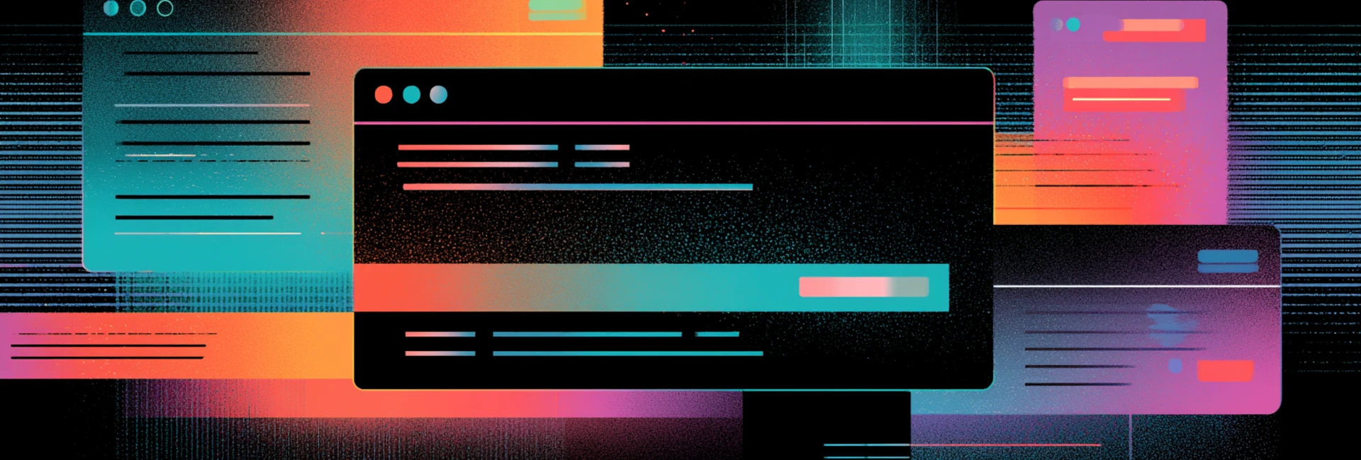 Overlapping browser windows rendered as flat neon blocks in teal, orange and magenta on black, one window in focus at the centre.
