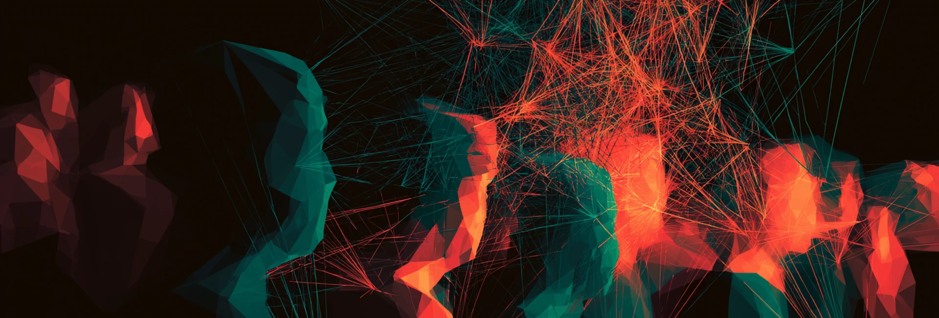 A dense mesh of red and teal filaments linking angular abstract figures against black — many standards converging into one map.