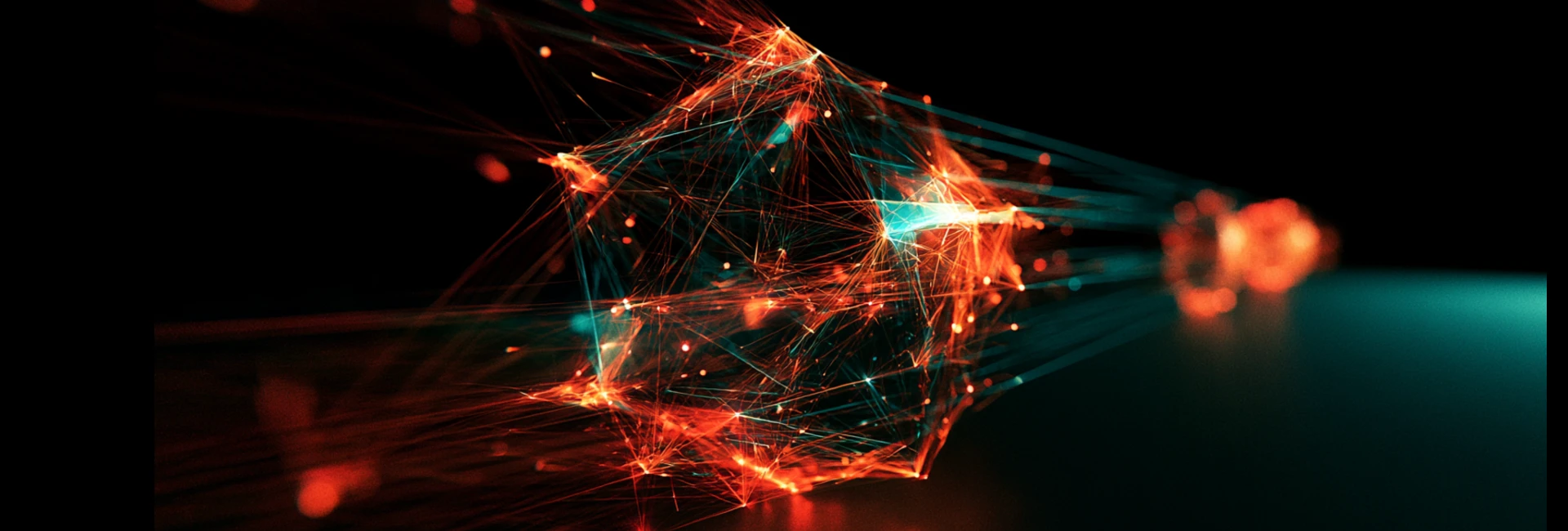 Streaks of orange and teal light racing through a dark field around a faceted core — value moving across a network.