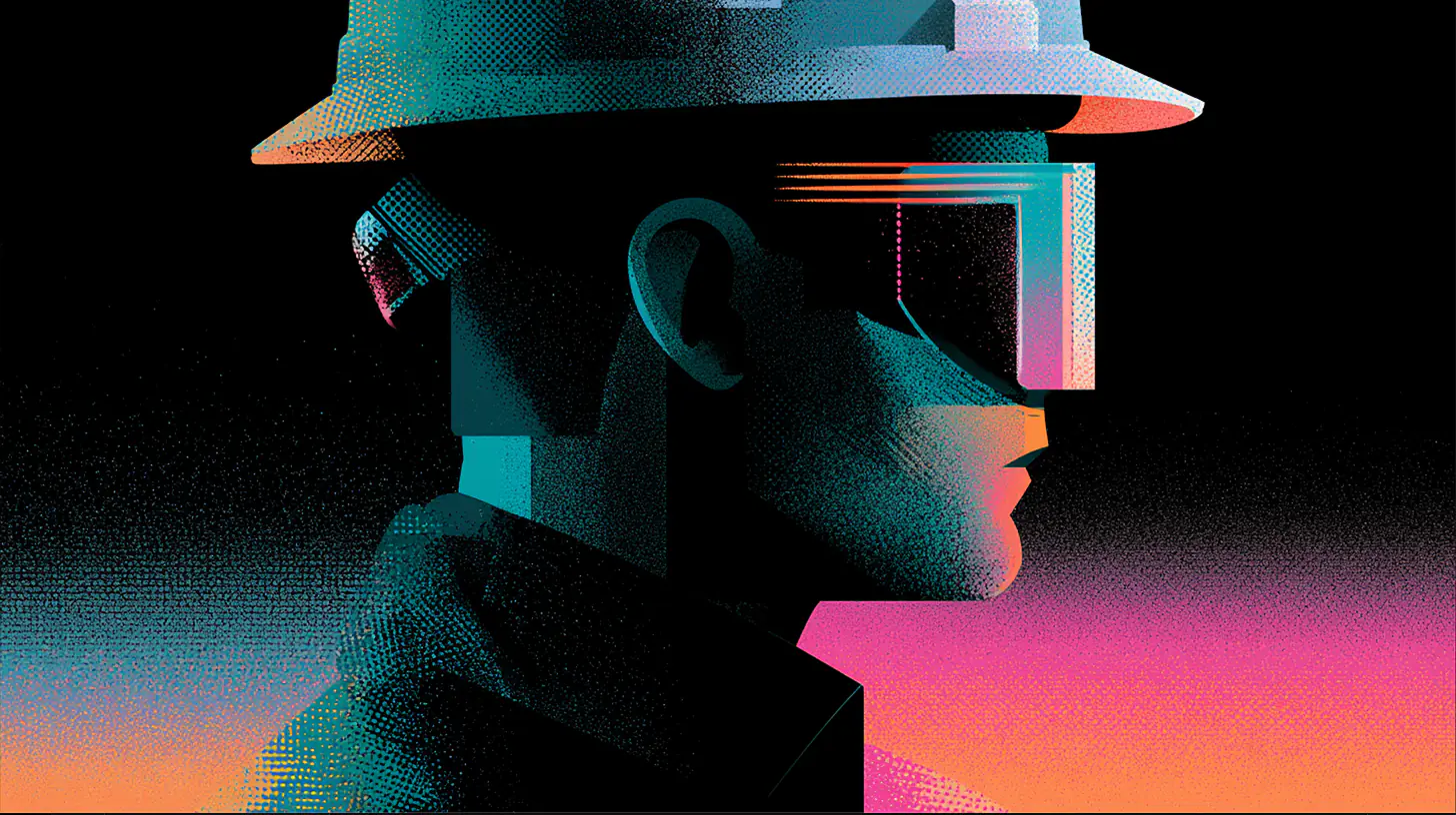Halftone illustration of a tradesperson in profile wearing a wide-brimmed hard hat, rendered in teal, magenta and orange against black.