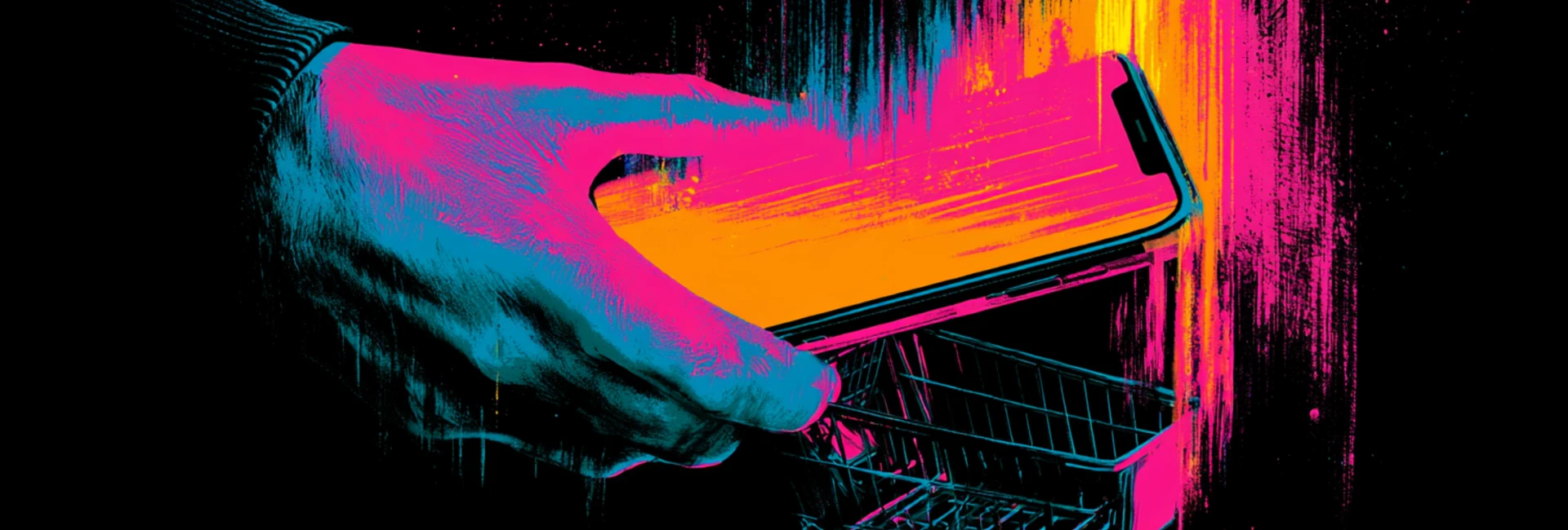 High-contrast neon illustration of a hand holding a phone over a shopping cart handle, rendered in magenta, cyan and orange.