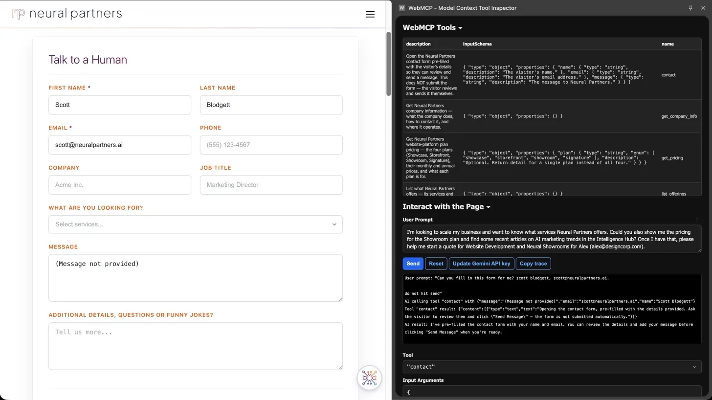 The WebMCP tool inspector showing four declared tools on the Neural Partners site, with an agent pre-filling the contact form.
