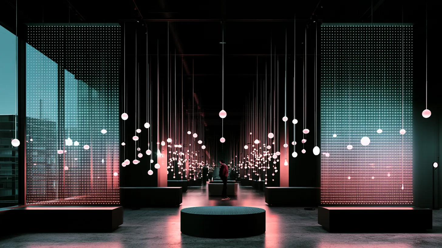 A dark lighting showroom lined with glowing pendant fixtures and translucent data-grid walls, one person standing at the center.