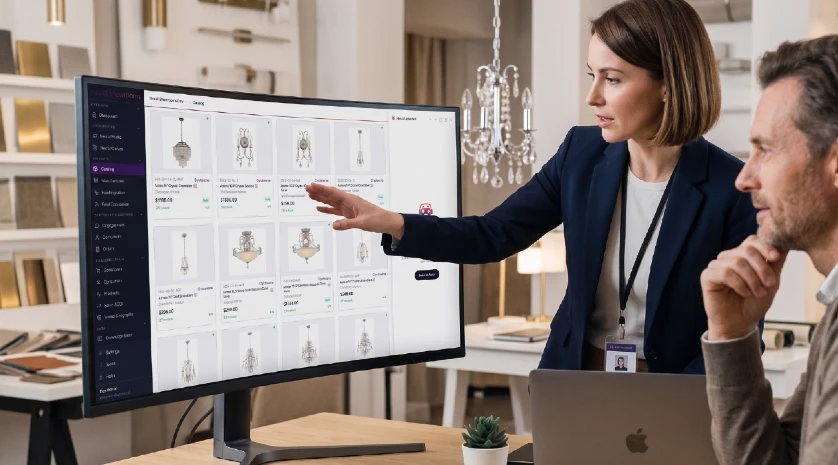 Two professionals reviewing a Neural Core product catalog dashboard on a large monitor.