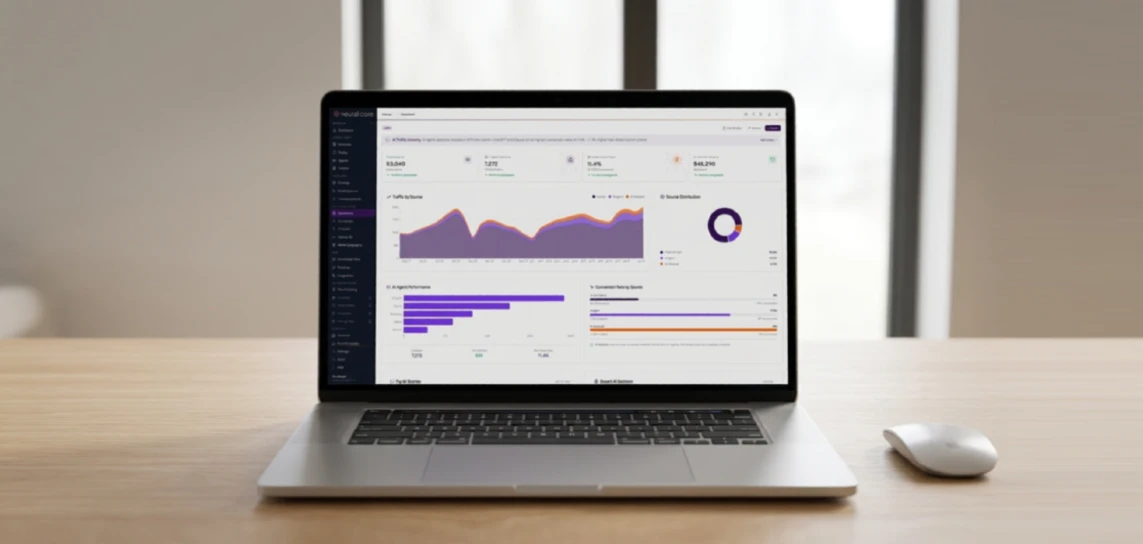 Neural Core dashboard showing AI traffic velocity, source distribution, and AI agent performance.