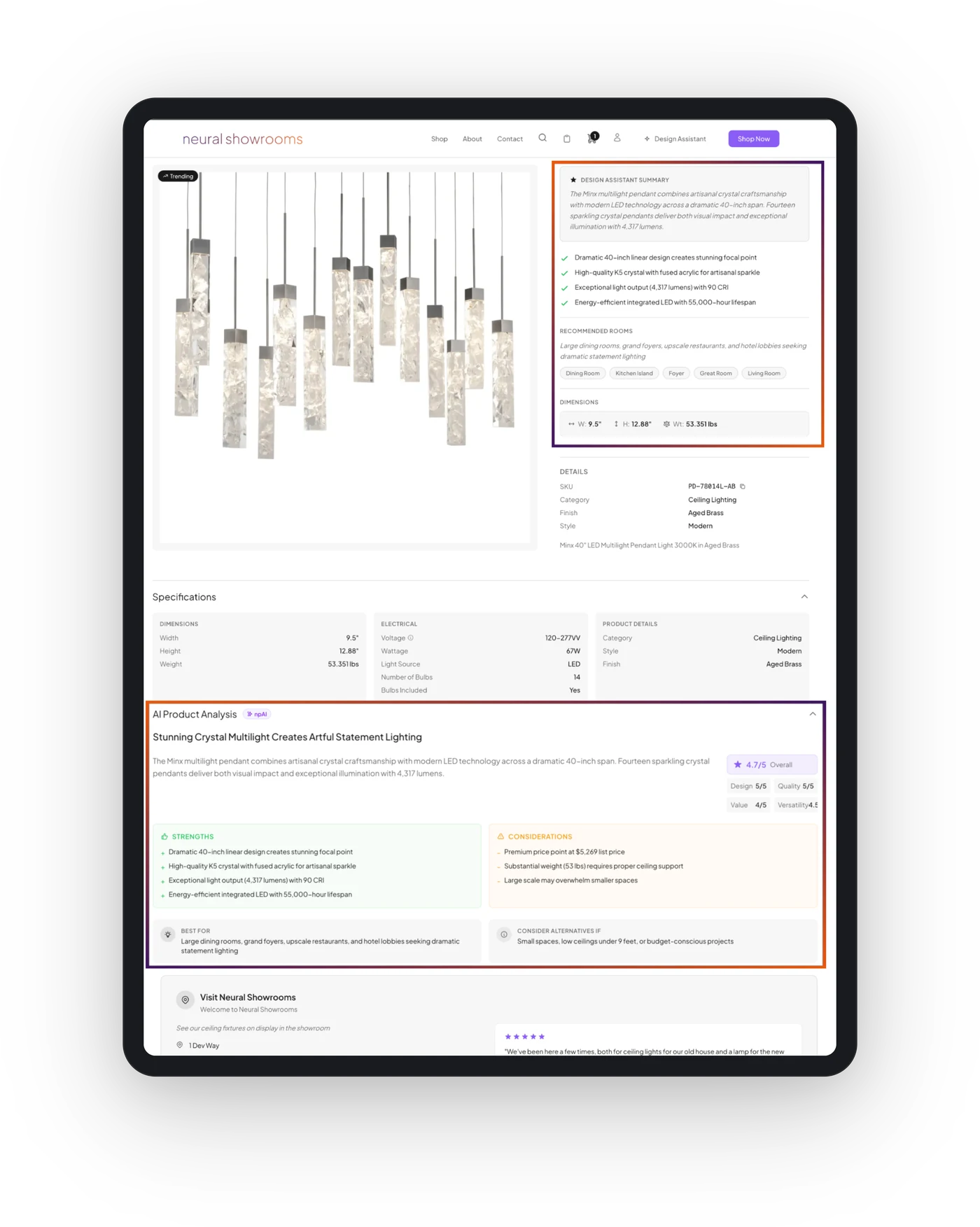 A product detail page on a tablet — Design Assistant summary, AI Product Analysis with strengths, considerations, and best-for guidance generated from enriched catalog data.