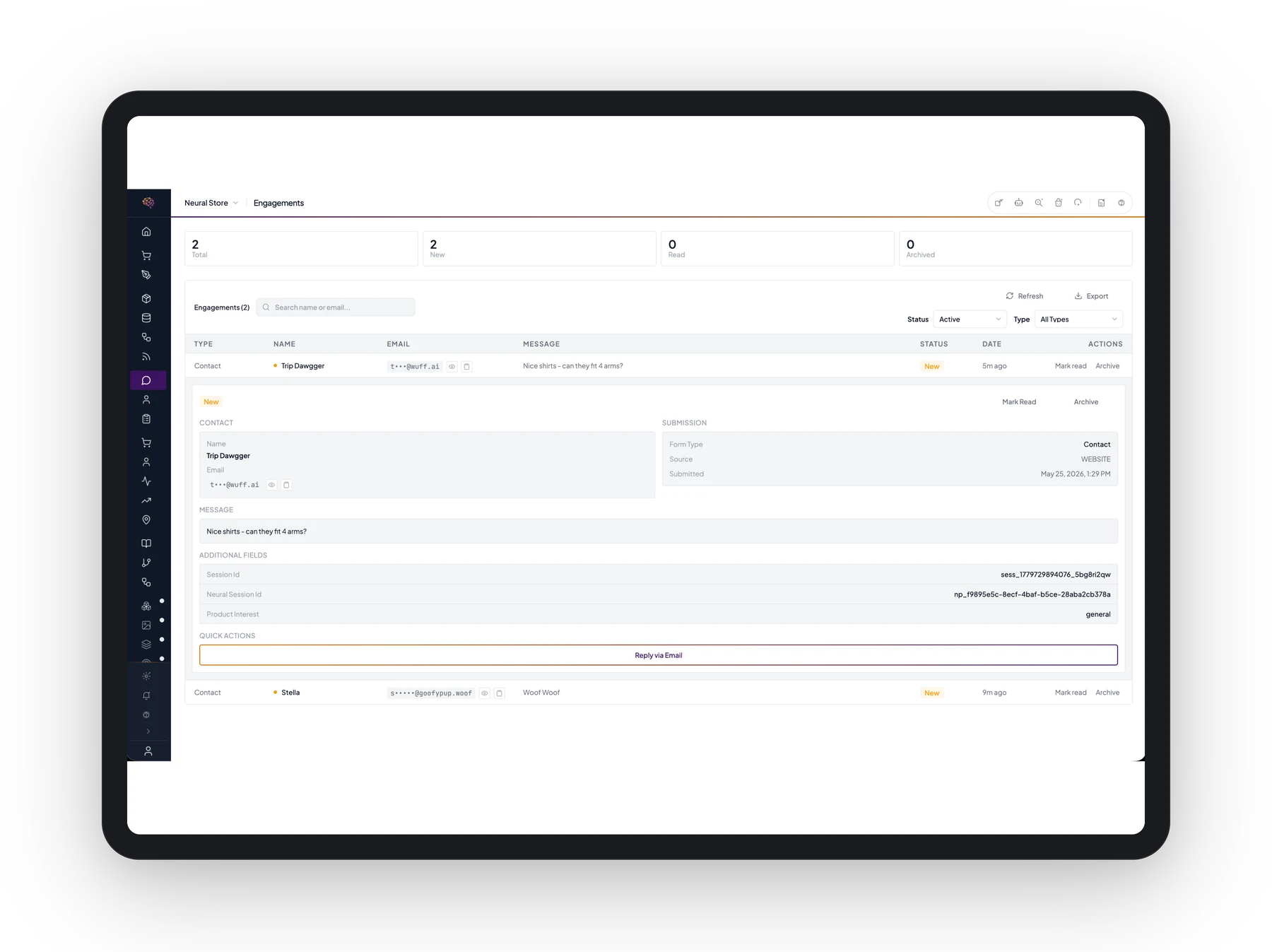 A Neural Core engagements view with a customer's form submission expanded — contact details, message, additional fields, and a Reply via Email quick action.
