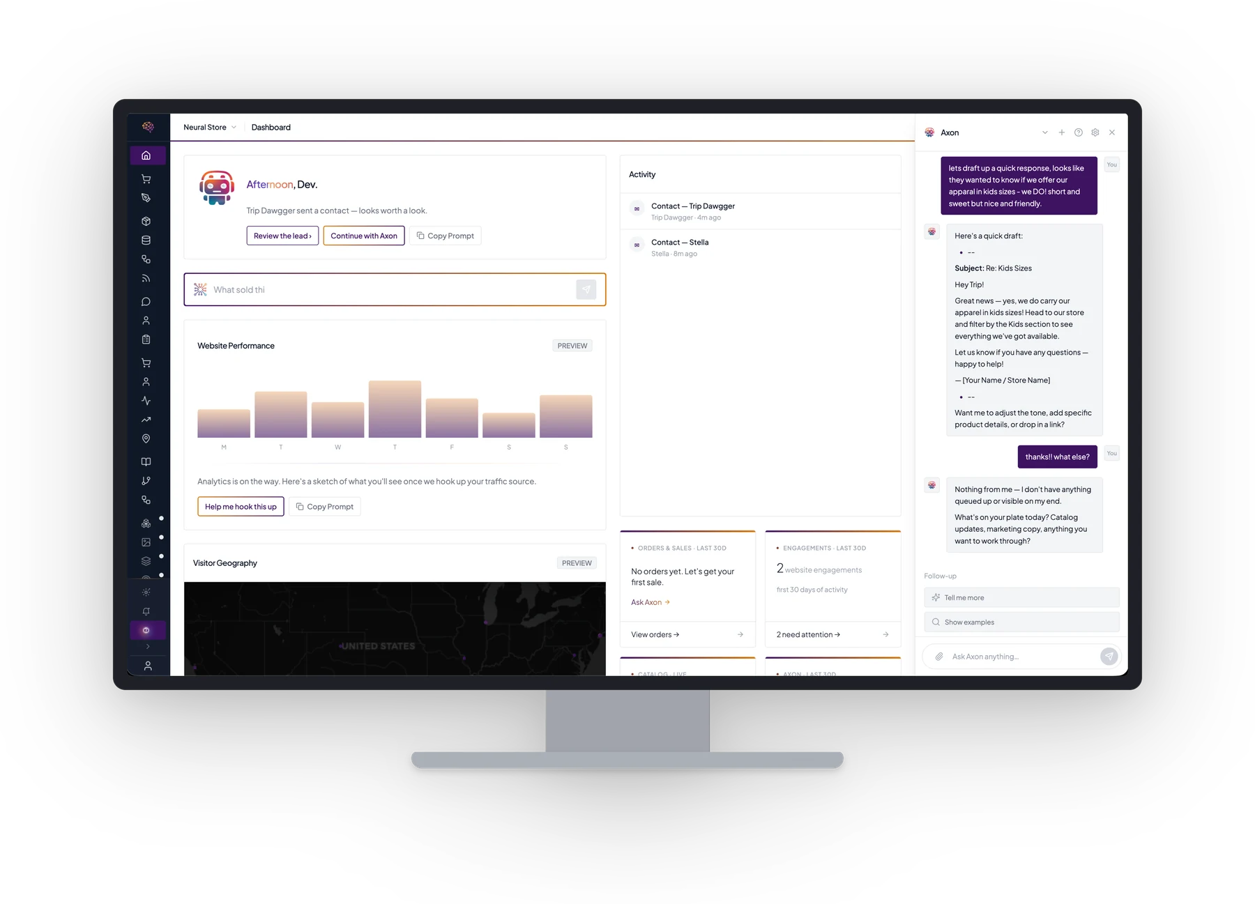 A Neural Core dashboard with the Axon AI agent panel open on the right, drafting a customer reply about kids-sized apparel.