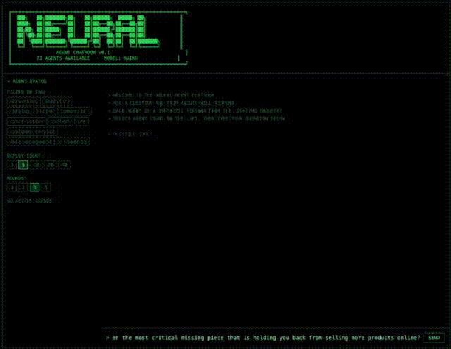 Neural Agent Chatroom — terminal-style interface running structured interviews across 73 synthetic personas with filterable industries, deploy counts, and a live debate prompt.