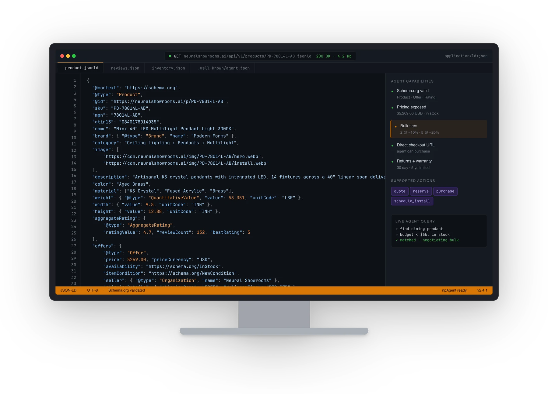 A Neural Showrooms product served as JSON-LD at /api/v1/products/PD-78014L-AB.jsonld — schema.org-valid Product with pricing, bulk tiers, supported agent actions (quote/reserve/purchase/schedule_install), and a live agent query log.