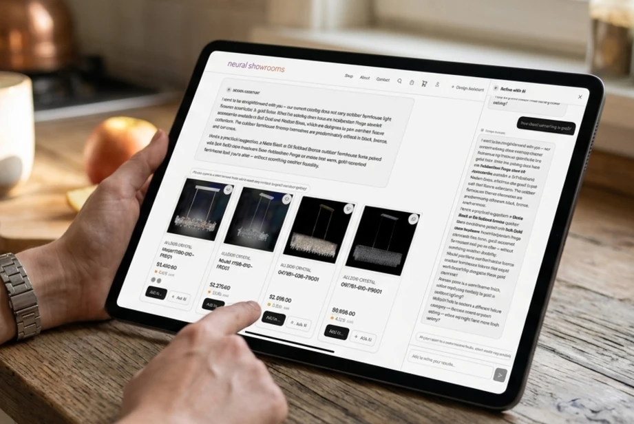 Design Assistant chat interface helping a shopper choose a chandelier — conversational guidance over a live product grid.