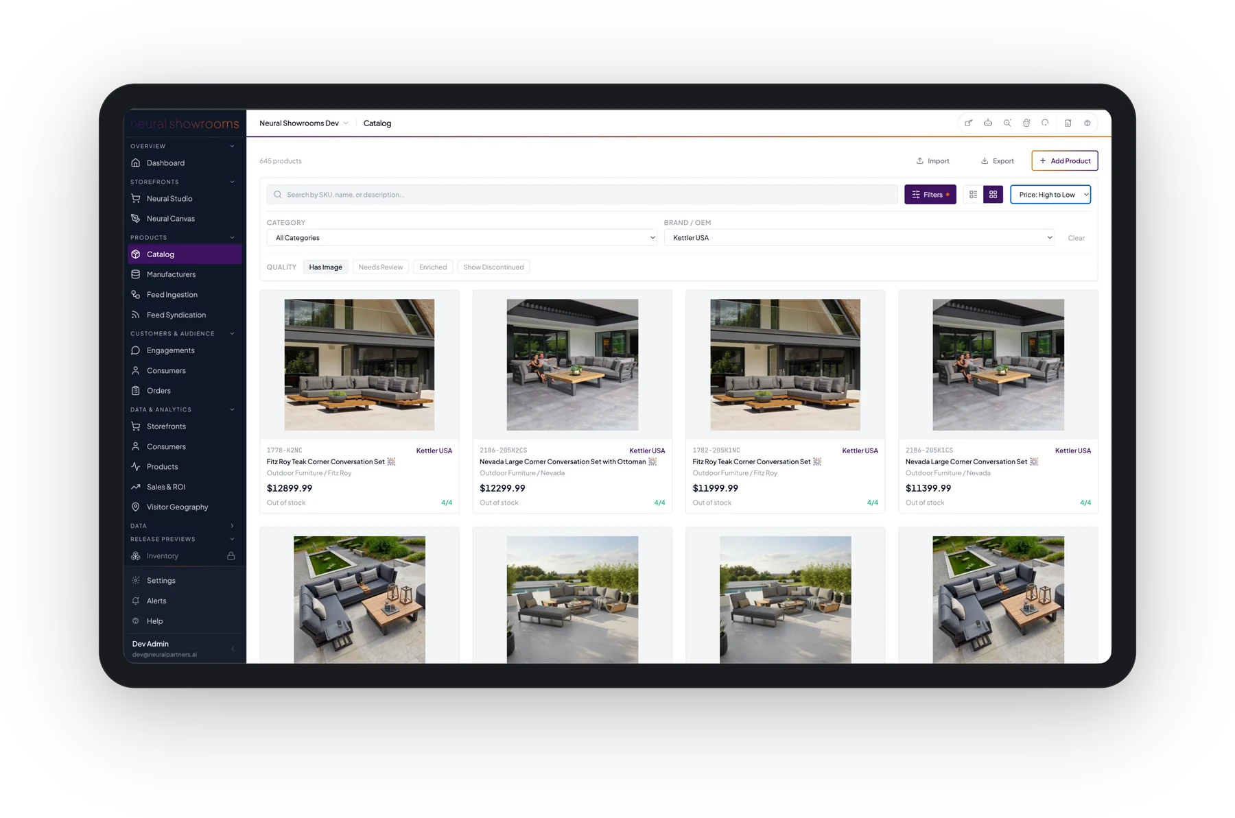 The Neural Product Catalog admin on a tablet — 645 outdoor furniture products, filters for category and brand, quality flags for image/review/enriched/discontinued, and bulk import/export controls.