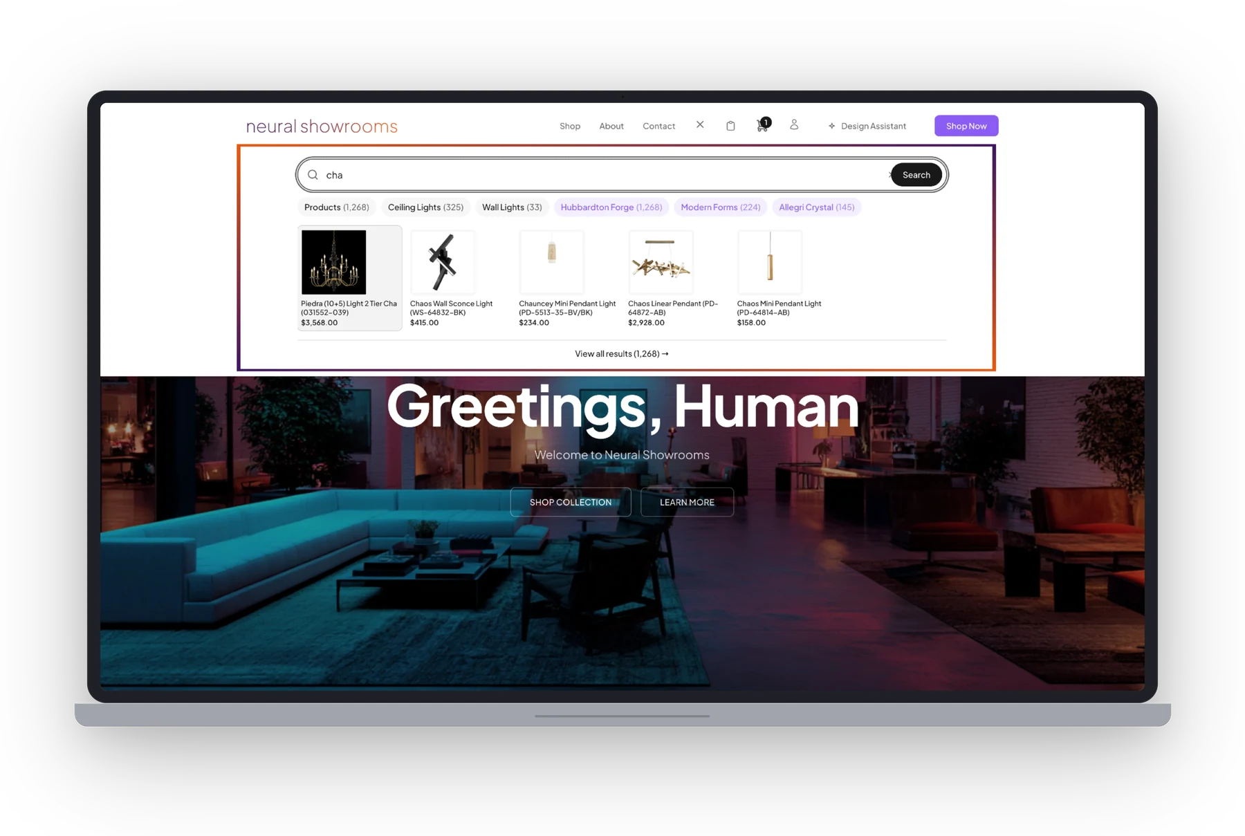 A Neural Showrooms storefront on a laptop with the semantic search dropdown open — partial query 'cha' surfacing categories, brands, and product matches across 1,268 results.