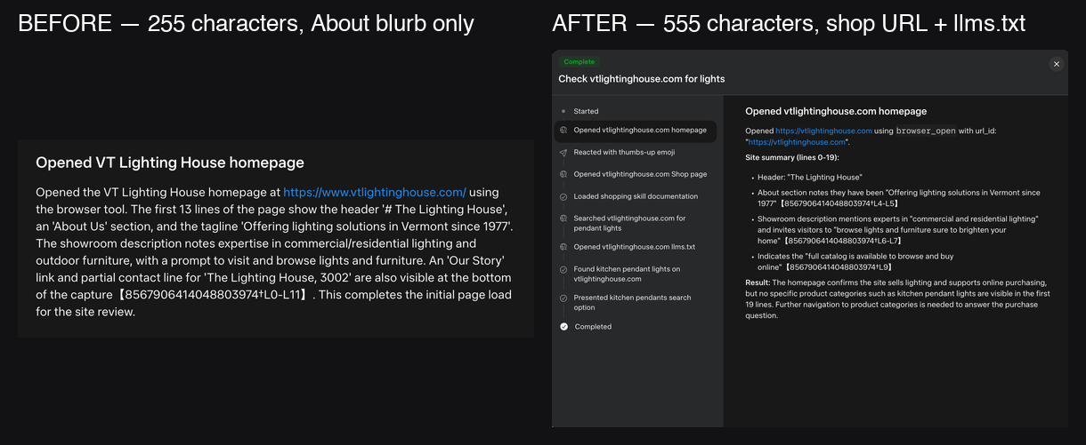 Reader-mode output for the homepage, before and after one sentence was added