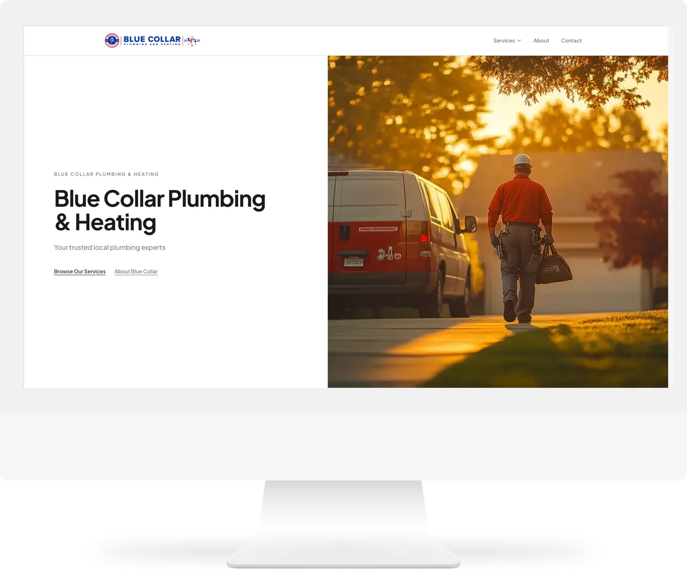 A plumbing and heating contractor’s website on a desktop screen: the company name, “Your trusted local plumbing experts”, and a technician walking to a service van at sunset.