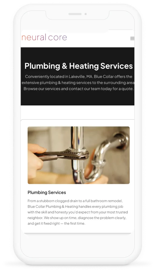 A contractor’s website on a phone: a Plumbing & Heating Services page with a Plumbing Services card.
