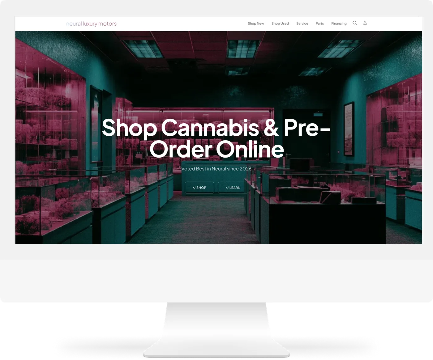 A dispensary storefront on Neural Core on a desktop screen: “Shop Cannabis & Pre-Order Online”, over a store interior with glass display cases.