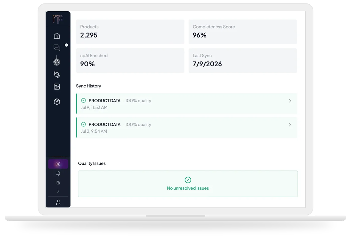 The product admin in Neural Core on a laptop: a product count, a completeness score, sync history and no unresolved quality issues.