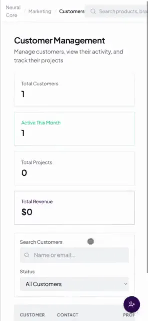 Neural Core on a phone: a staff member adds a customer with Quick Customer Create, and the record appears in Customer Management.