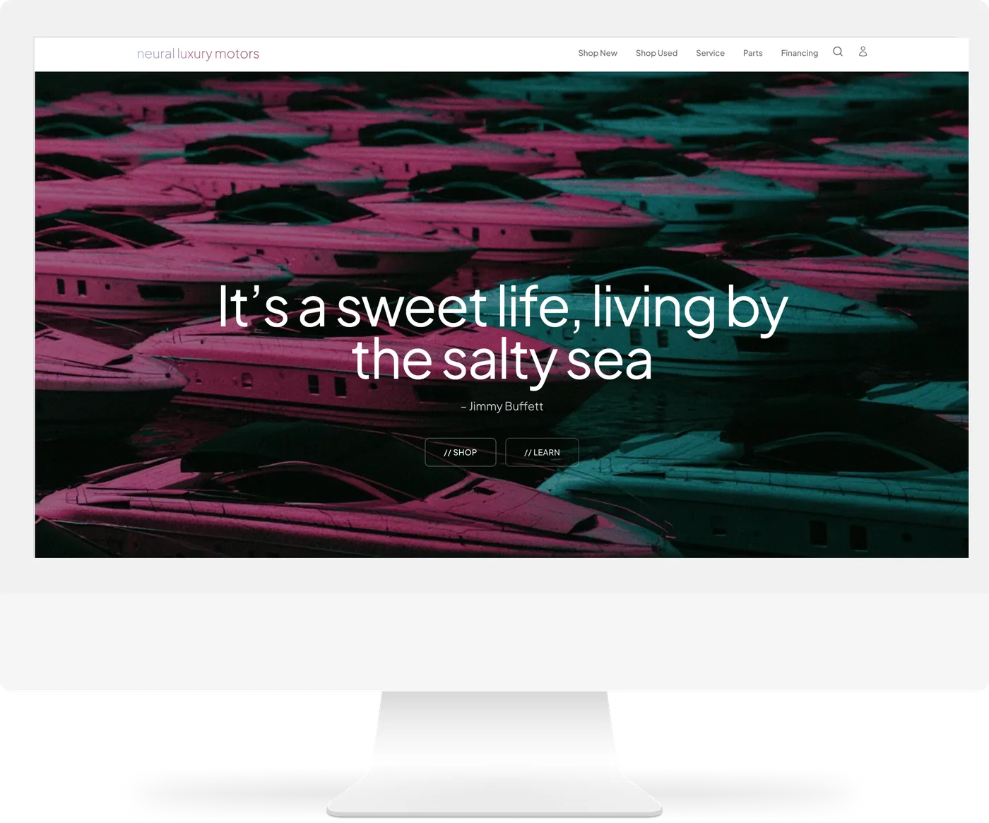 A boat dealer storefront on Neural Core on a desktop screen: “It’s a sweet life, living by the salty sea”, over rows of moored motor yachts.