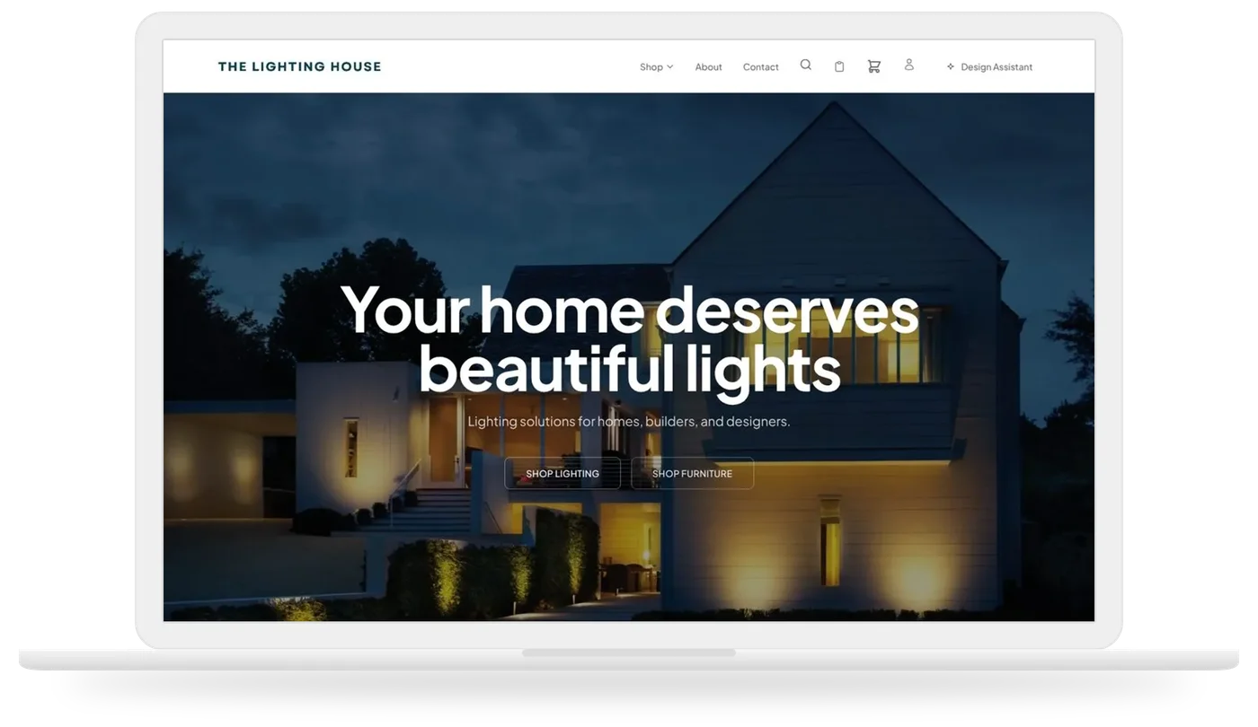 The Lighting House storefront, a lighting showroom on Neural Core: “Your home deserves beautiful lights”, over a house lit at dusk.