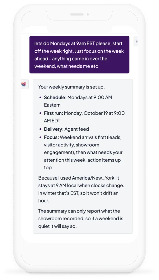 Axon on a phone confirming a weekly summary: Mondays at 9:00 AM Eastern, first run Monday October 19, delivered to the agent feed, focused on what came in over the weekend.