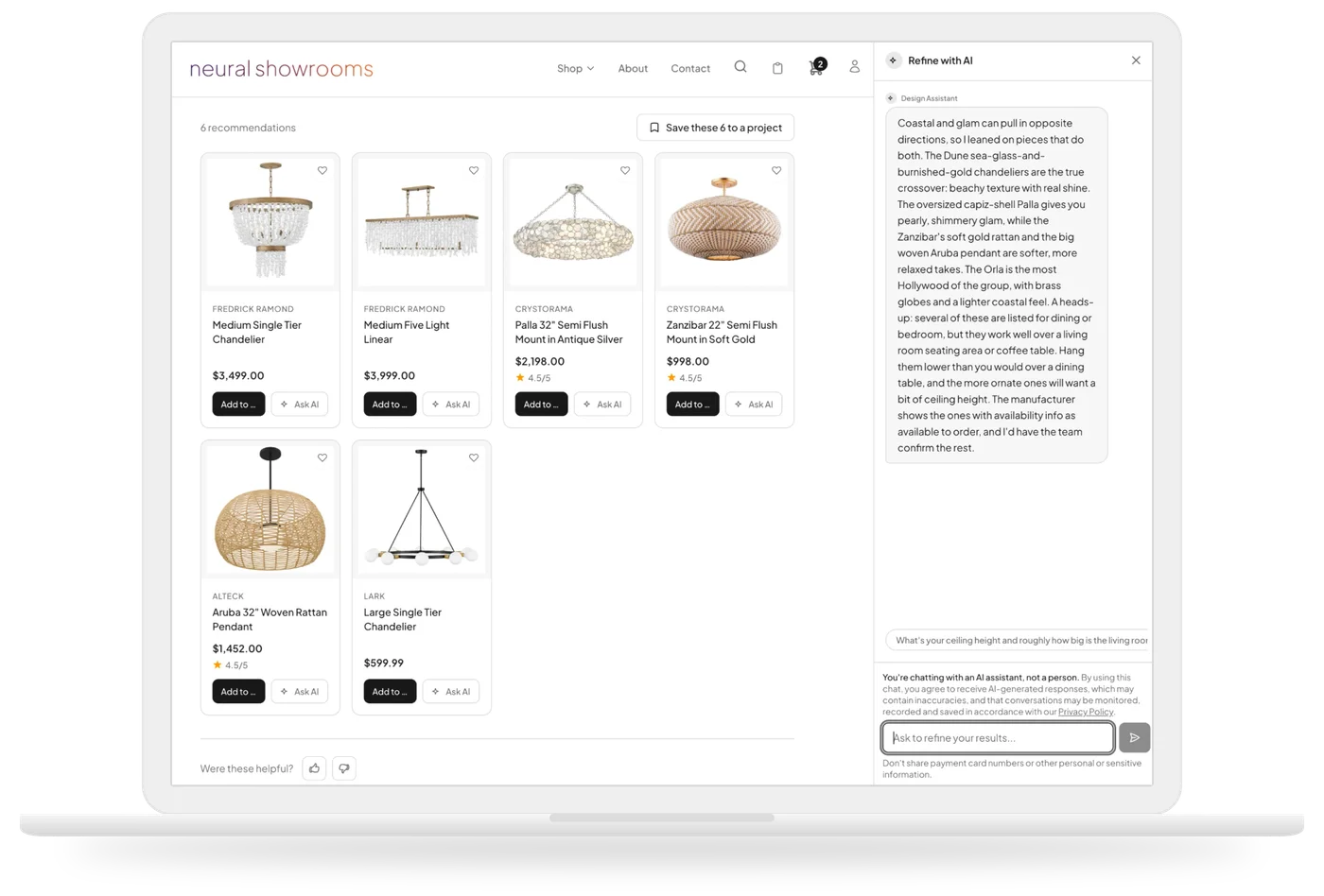 A storefront’s Design Assistant on a laptop: six recommended fixtures beside an AI answer explaining why each one fits a coastal-glam brief.