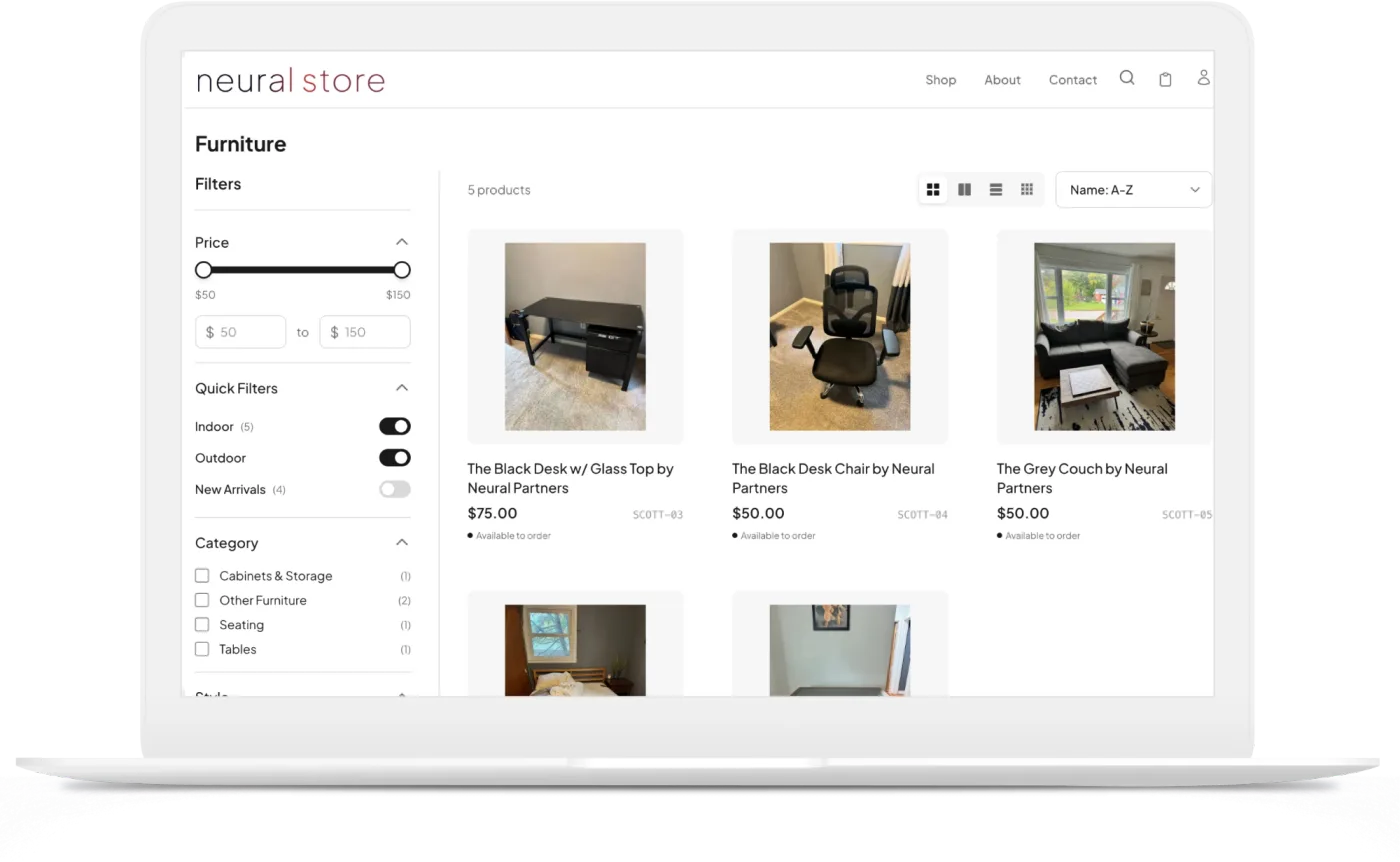 A small store’s Furniture page on a laptop: price, quick-filter and category filters beside a grid of products.