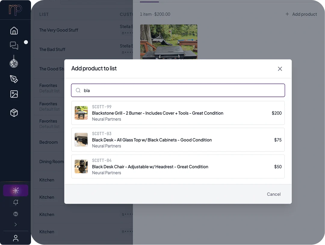 Neural Core: a team member searches the catalog and adds a Blackstone grill to a customer’s project list.