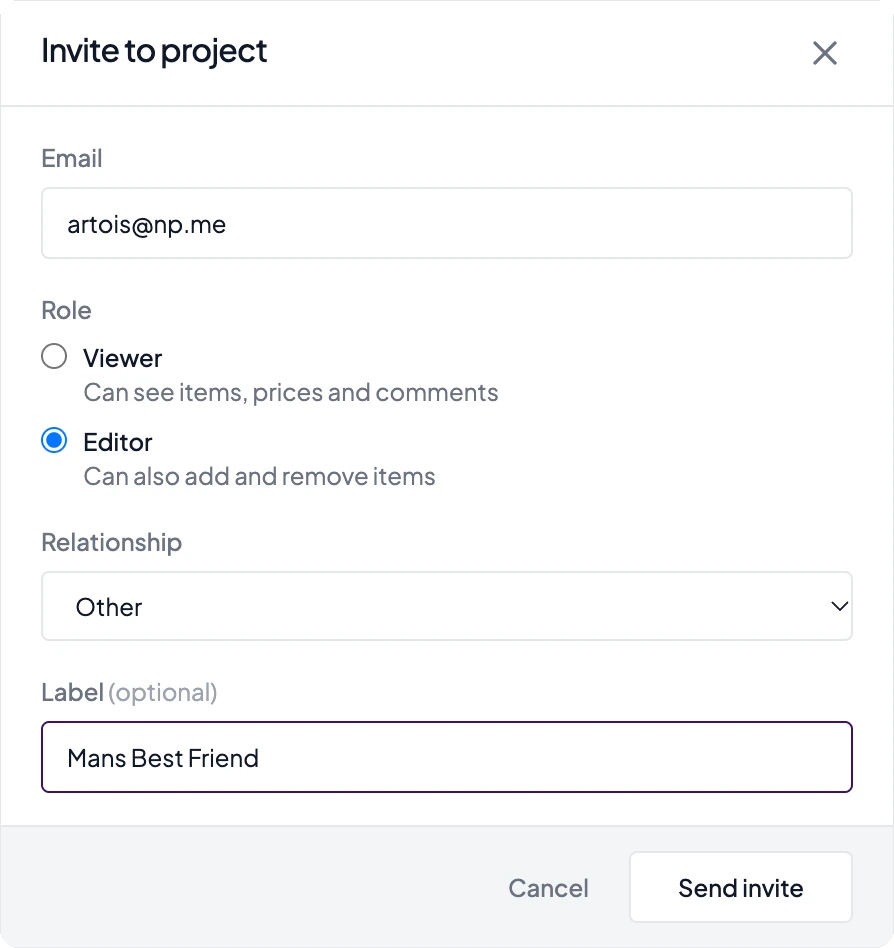 Invite to project: an email, a Viewer or Editor role, a relationship and an optional label.