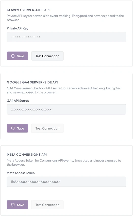 Neural Core integration settings: a Klaviyo private API key, a GA4 Measurement Protocol secret and a Meta Conversions API access token, each encrypted, with Save and Test Connection.