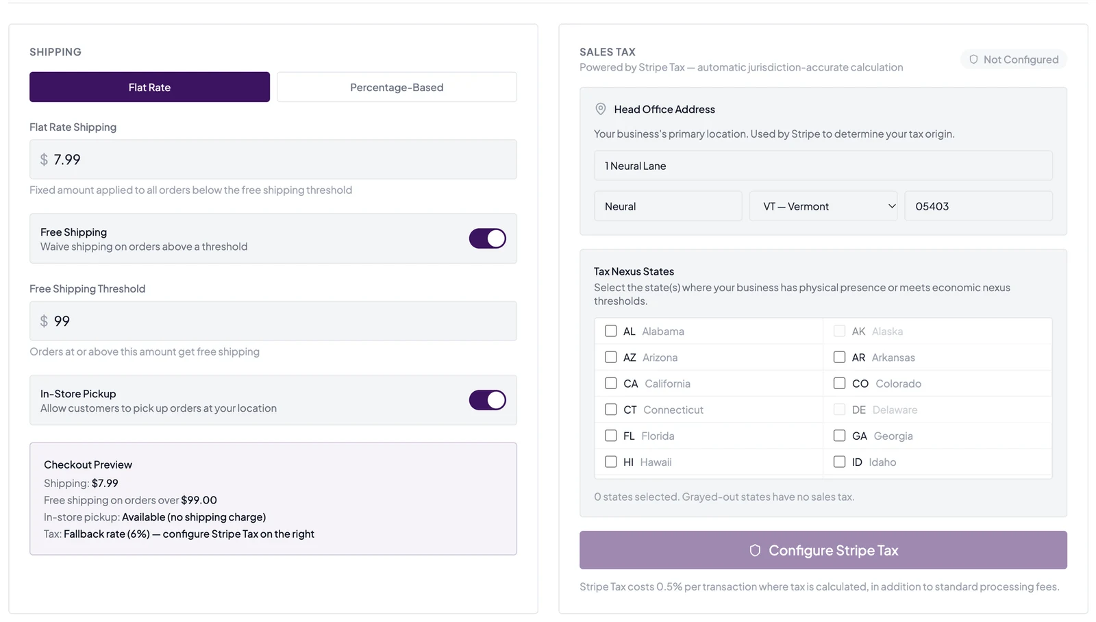 Neural Core checkout settings: flat-rate shipping of $7.99, free shipping over $99, in-store pickup, a checkout preview, and Stripe Tax with a head-office address and tax nexus states.