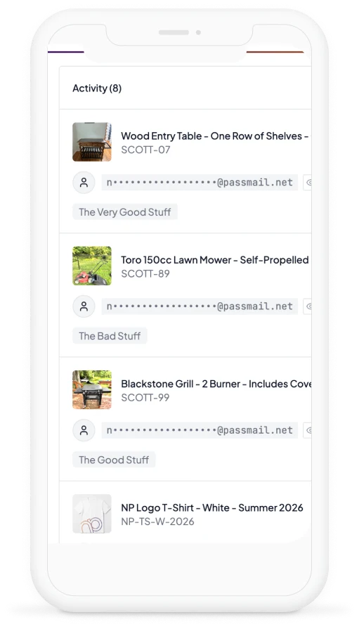 Core on a phone: a customer’s activity feed, each saved product tagged with the project it went to.