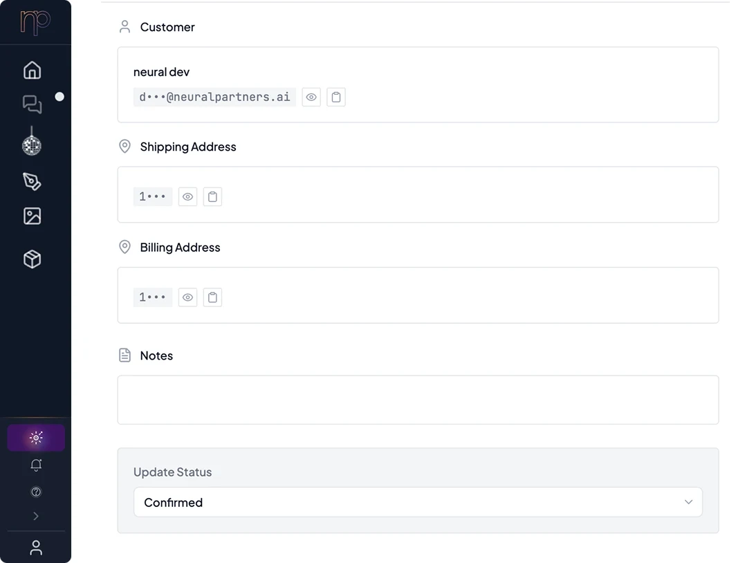 Neural Core: a customer record with masked email, shipping and billing addresses, notes and order status.