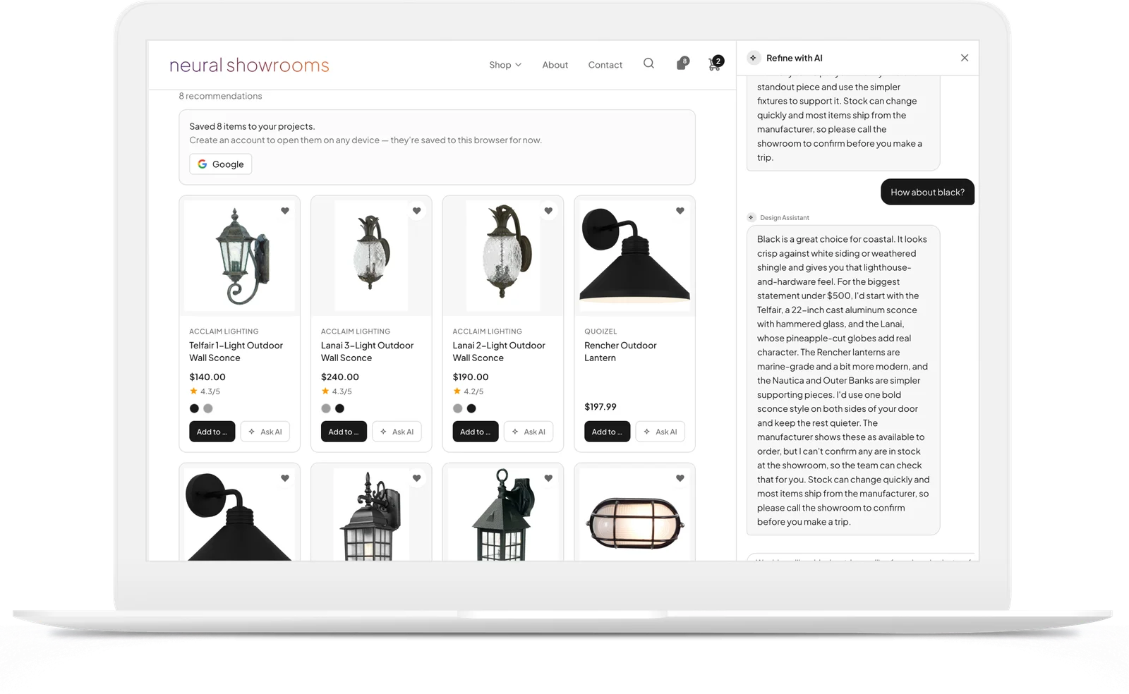 The Design Assistant on a lighting storefront, on a laptop: eight outdoor sconces and lanterns saved to a project, beside a chat where a shopper asks “How about black?” and the assistant suggests pieces under $500 and says stock should be confirmed with the showroom.