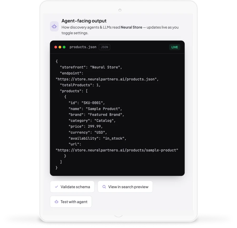 Agent-facing output on a tablet: the store’s products.json feed marked live, with validate, search preview and test-with-agent buttons.