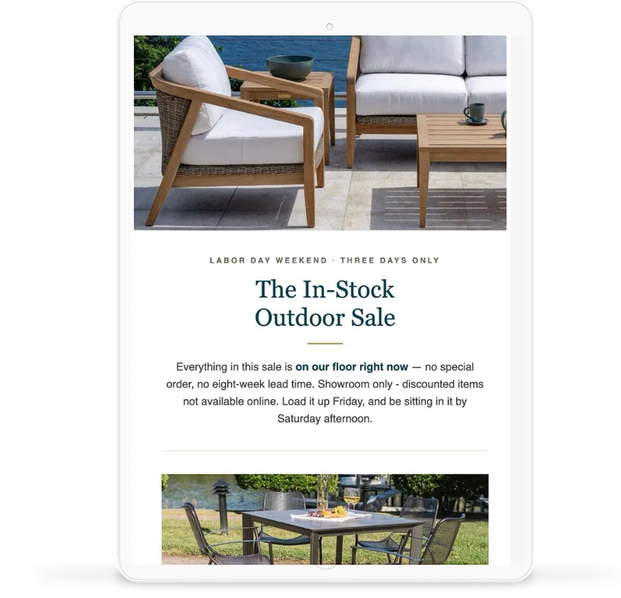 The same sale as a marketing email on a tablet.