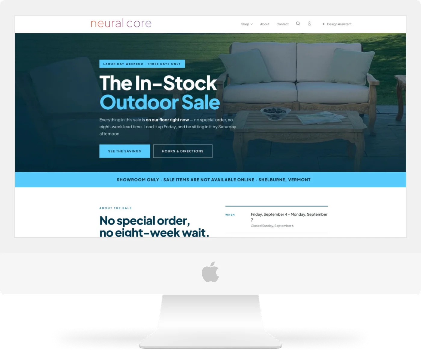 A sale landing page built in Neural Canvas: “The In-Stock Outdoor Sale”, on a desktop screen.