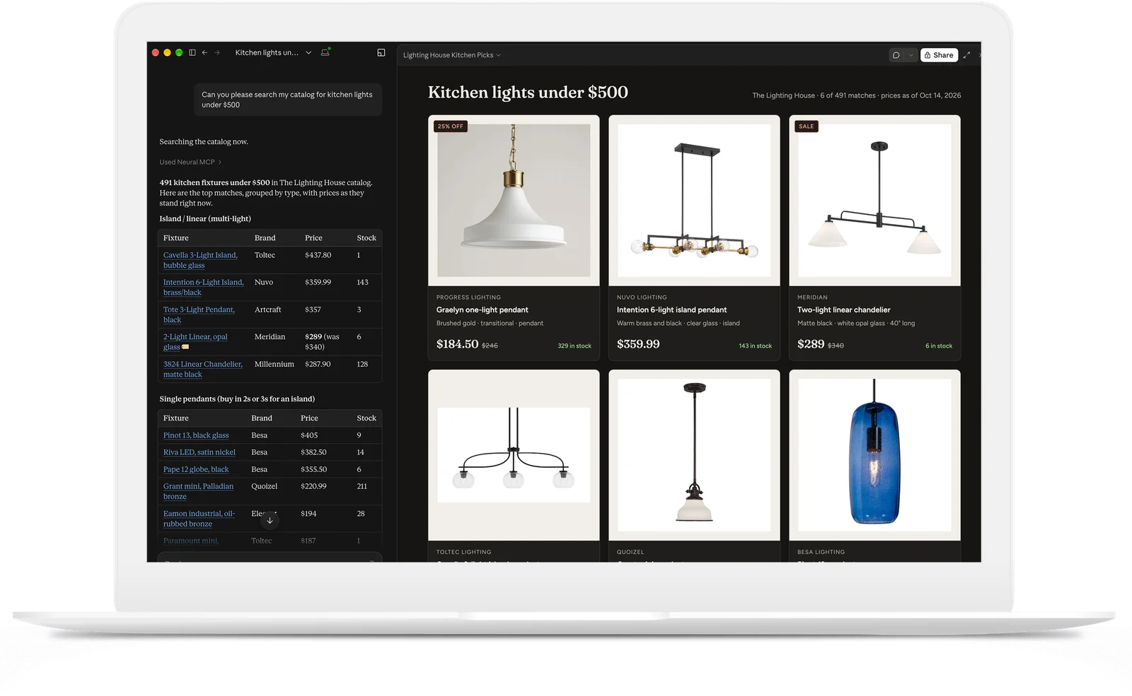 An AI assistant using Neural MCP to search The Lighting House catalog for kitchen lights under $500, with matching fixtures, prices and stock.