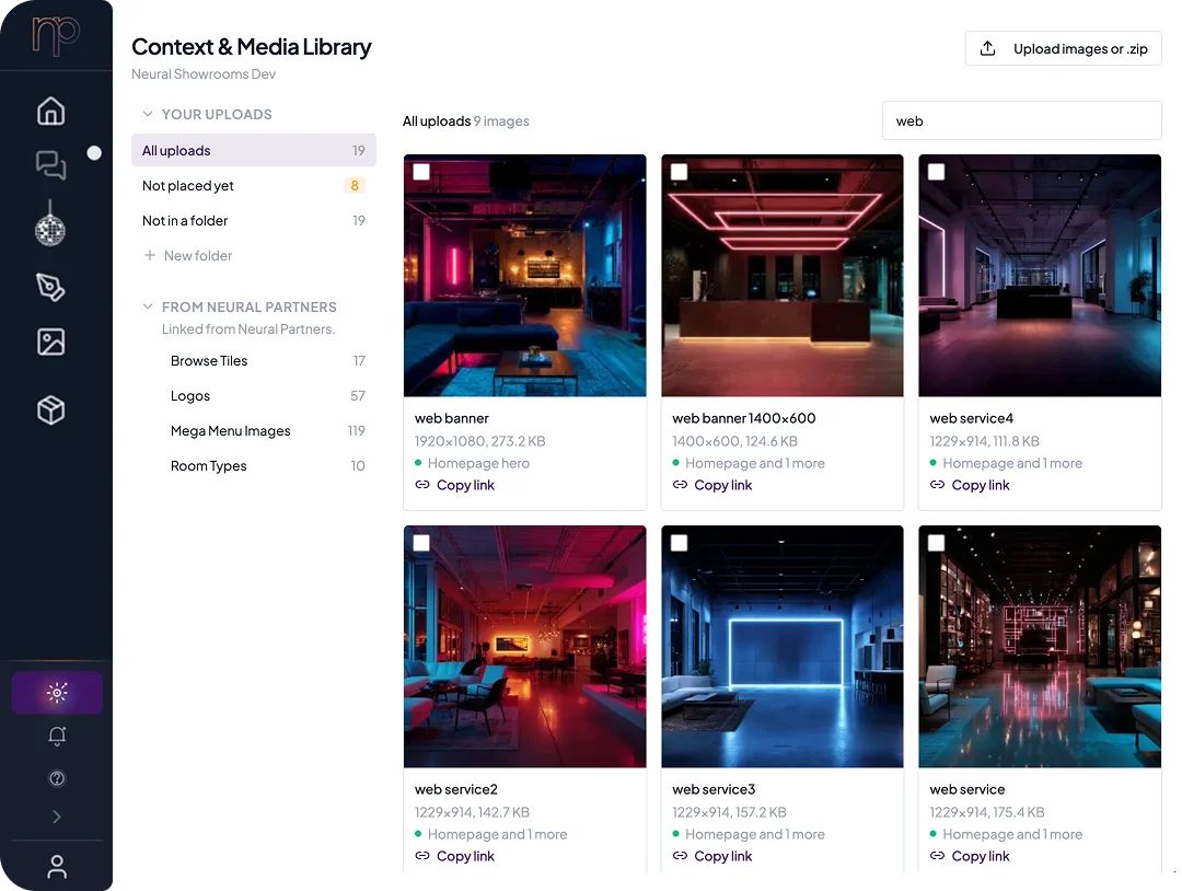 The Context & Media Library in Neural Core: uploads in folders, a search for “web”, and image cards with their size and where each is placed, such as the homepage hero.