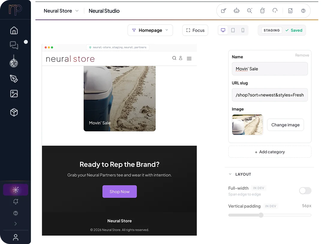 Neural Studio: a storefront homepage in the live preview, with a category’s name, URL and image being edited in the side panel.