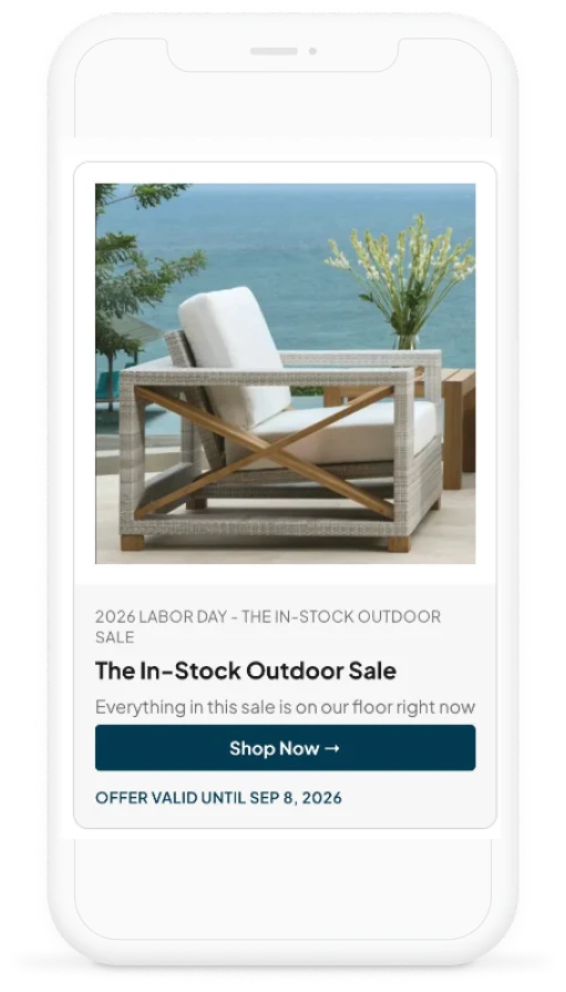 The same sale as a storefront promotion on a phone, with an offer date and a Shop Now button.