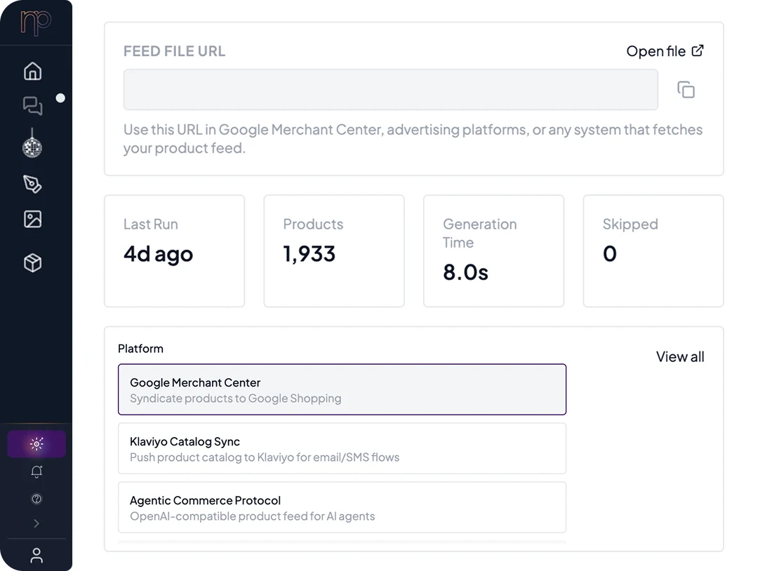 Neural Core: the product feed — its file URL, last run, product count and generation time, and the platforms it syndicates to.