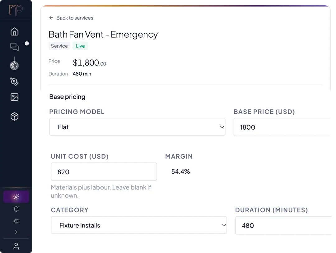 Neural Core: a live service with its price, duration, pricing model, unit cost, margin and category.
