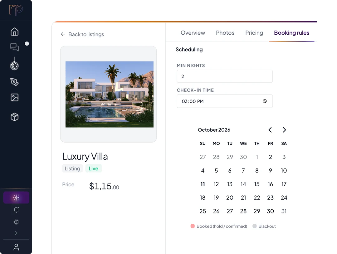 The listing admin for a villa rental: booking rules with a minimum of two nights, a 3:00 PM check-in and an availability calendar.