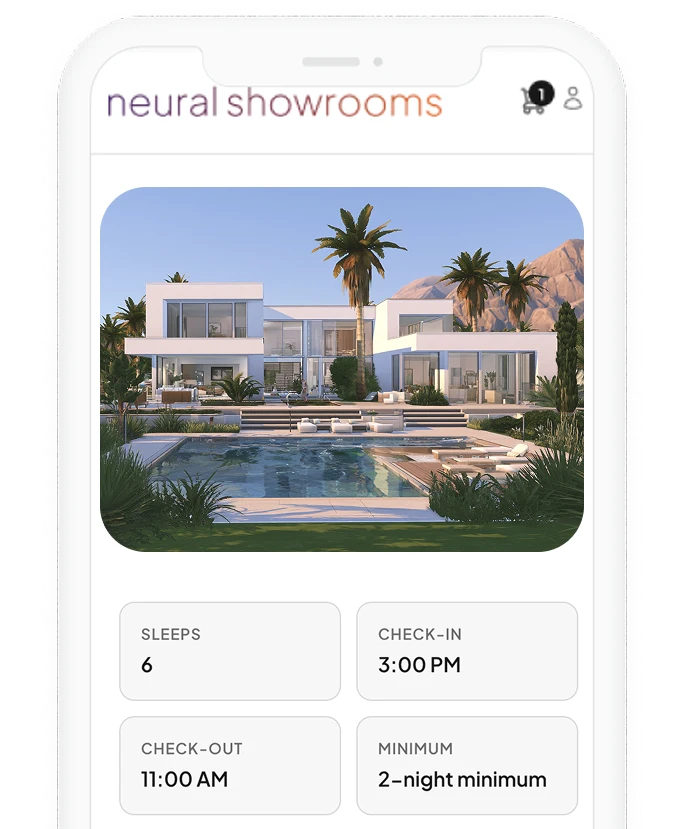 A villa rental listing on a phone: sleeps 6, check-in 3:00 PM, check-out 11:00 AM, two-night minimum.