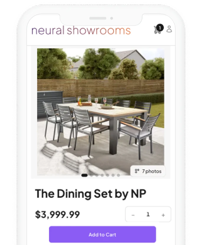 A product page on a phone: a dining set at $3,999.99 with an Add to Cart button.