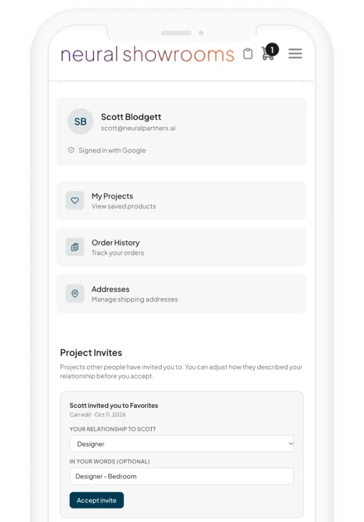 A customer account on a phone, signed in with Google: My Projects, Order History, Addresses, and an invitation to join a shared project as a designer.
